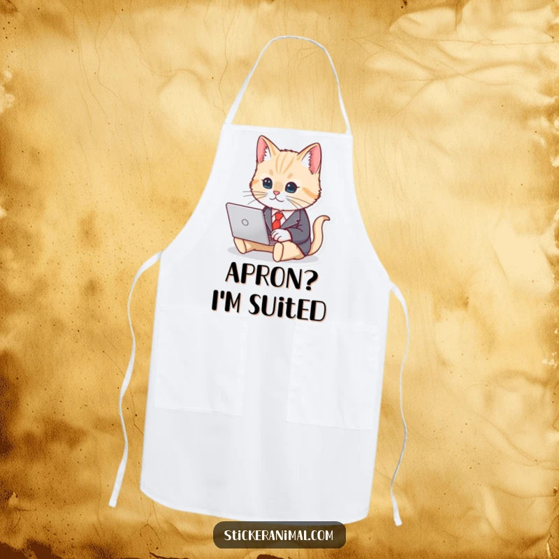 Funny apron depicting a cute cat in a business suit, typing at a laptop, ready for kitchen fun and office charm.