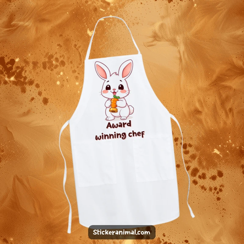 Funny Cheerful Rabbit Apron: A kitchen apron showing a happy rabbit holding a carrot trophy, perfect for cooking with cheerful vibes.