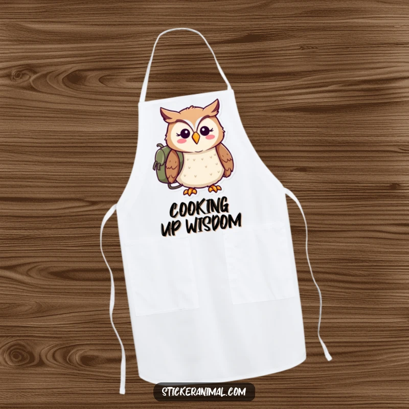 Funny apron with a cheerful owl wearing a backpack, ready for adventure, ideal for a humorous kitchen experience.