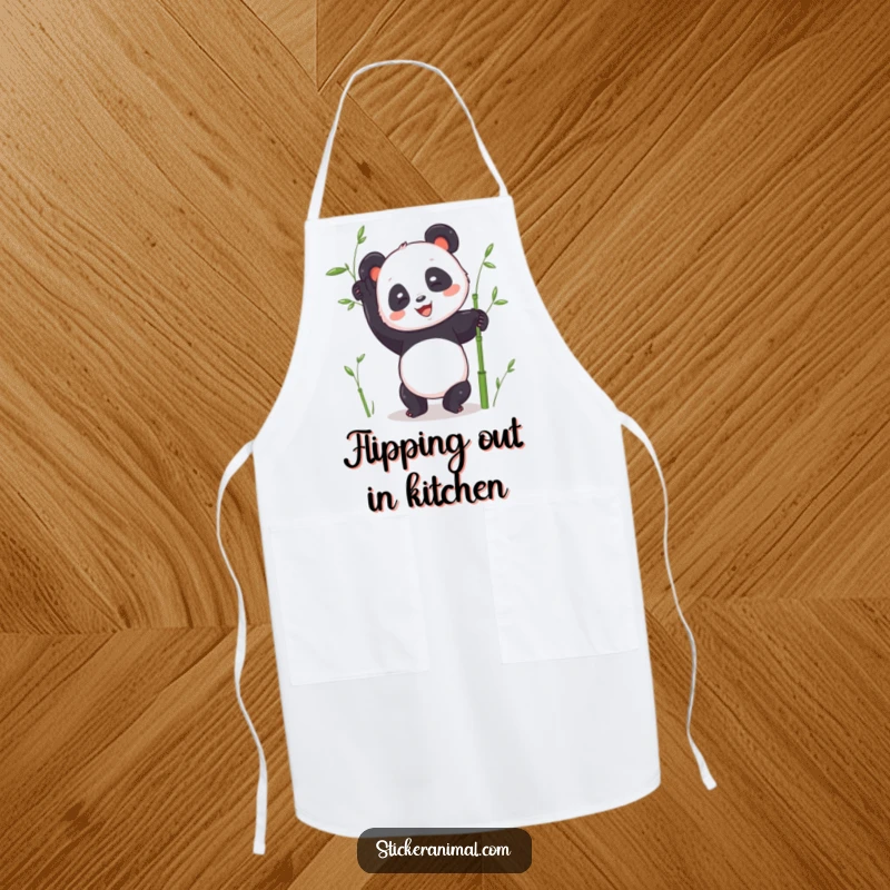 Funny panda handstand apron showing a joyful panda character attempting a handstand, bamboo stalks present, ready for kitchen chaos.