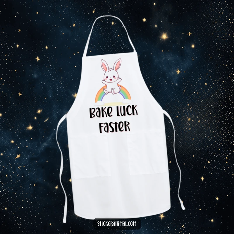Funny apron featuring a smiling bunny hopping over a rainbow, designed for kitchen fun and magical humor.