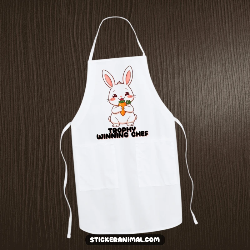 Funny apron featuring a happy rabbit holding a tiny carrot trophy, a humorous kitchen accessory for celebrating wins.