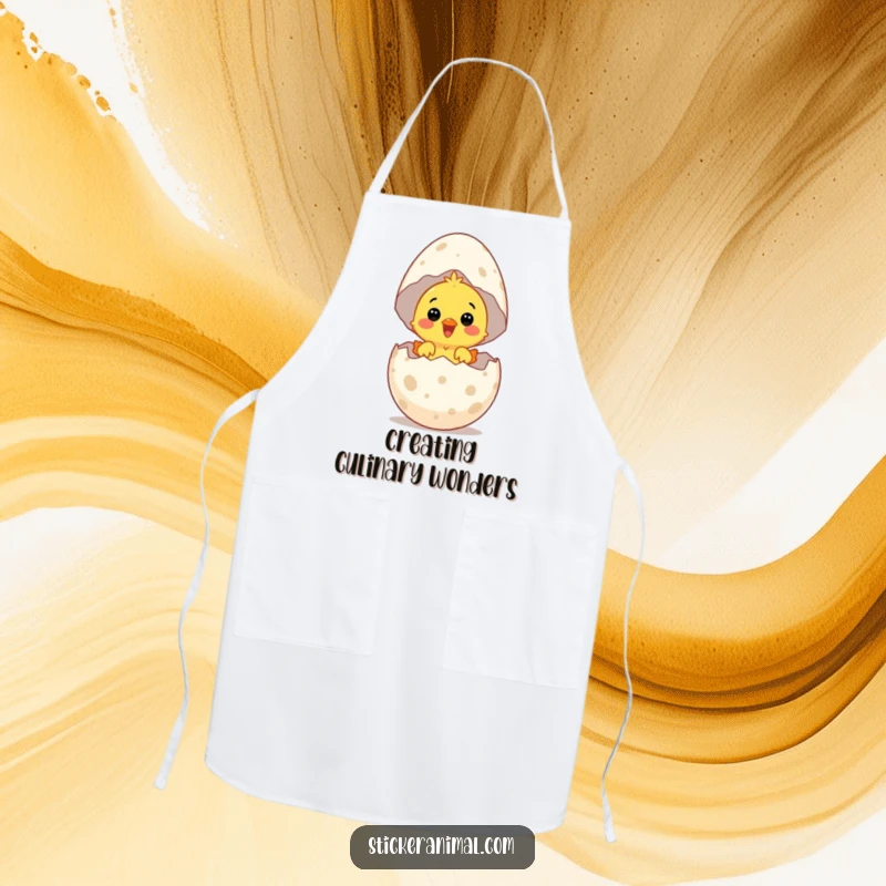 Funny apron with a surprised chick hatching from a giant speckled egg with delight, ideal for a humorous kitchen experience.