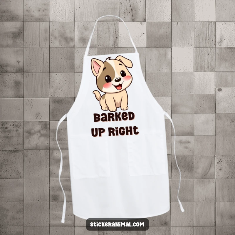 Funny dog apron showcasing a smiling dog character with its tail wagging enthusiastically, ready for kitchen fun.