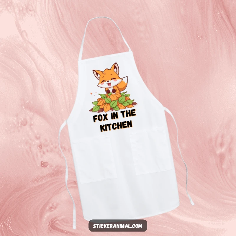 Funny apron featuring an excited fox energetically pouncing into a pile of autumn leaves, a humorous seasonal kitchen accessory.