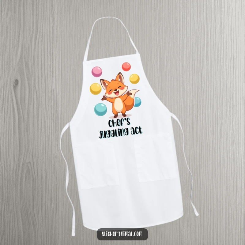 Funny apron featuring a grinning fox masterfully juggling oversized balls, designed for kitchen fun and effortless style while cooking.