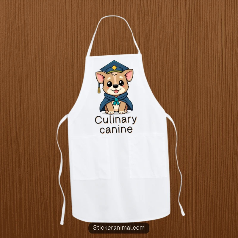 Funny apron showcasing a winking dog character in a graduation cap and academic robe, ready to inspire culinary triumphs with humor.
