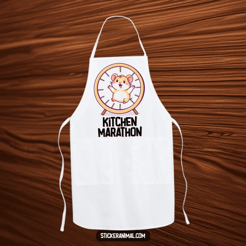 Funny hamster apron showcasing a happy character running inside a giant spinning wheel, ready for energetic cooking.