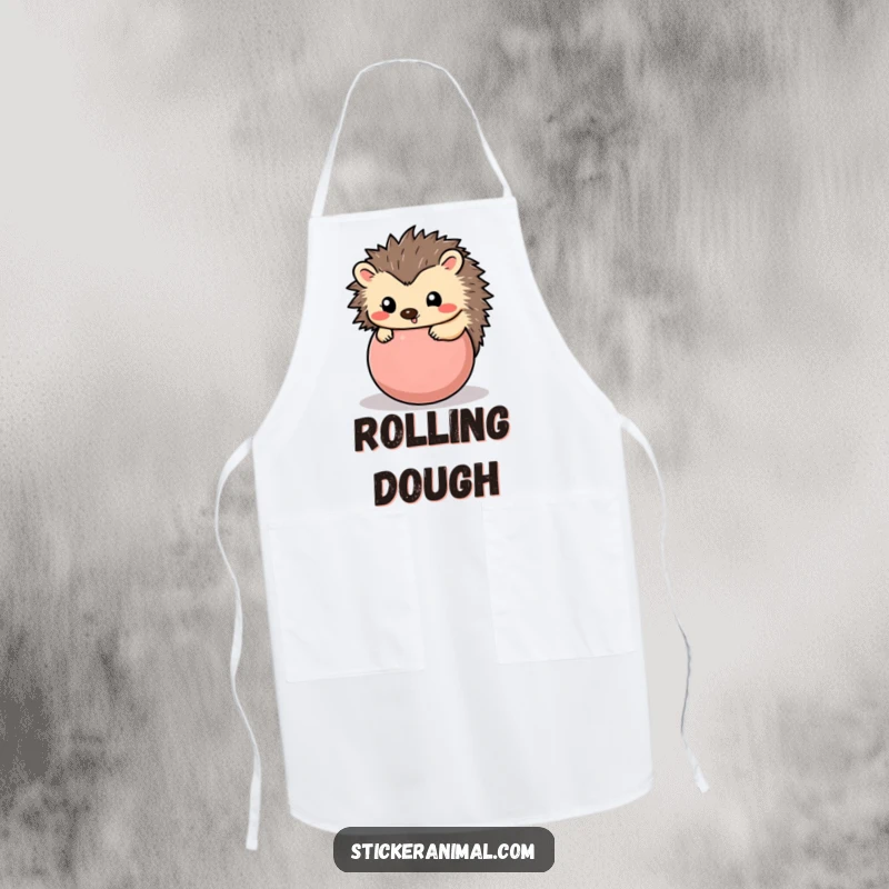Funny hedgehog apron showing a happy hedgehog rolled into a playful ball, designed for kitchen fun and protection.