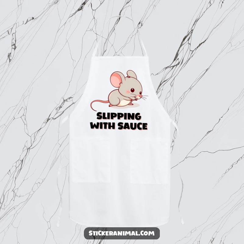 Funny apron with a mischievous mouse sliding down a tail, perfect for adding humorous and playful flair to kitchen activities.