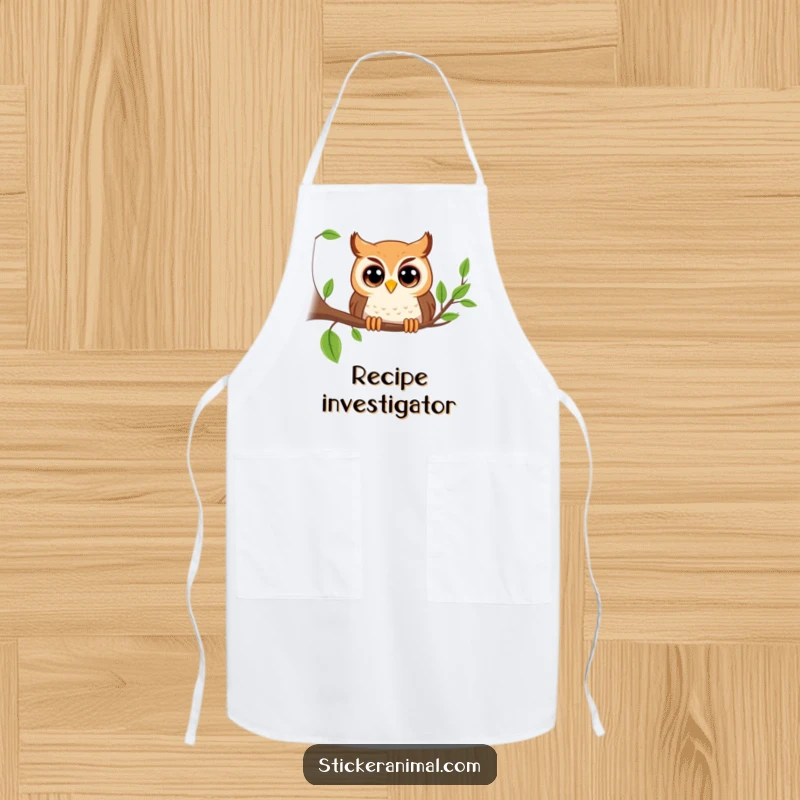 Funny playful owl with big eyes peeking from a branch on an apron, ready for kitchen fun and a funny gift.