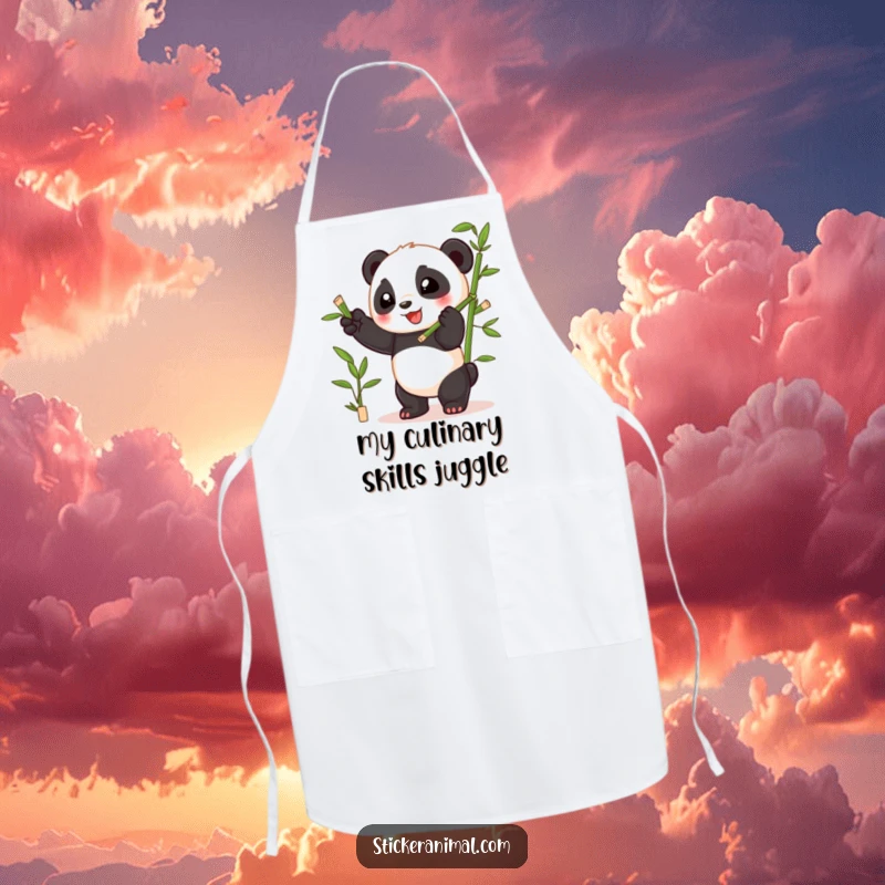 Funny playful panda cub juggling bamboo shoots with glee, designed on a durable and cheerful kitchen apron.