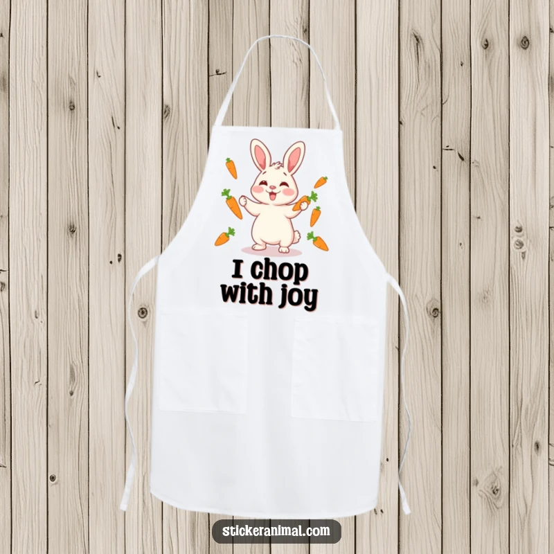 Funny giggling rabbit juggling carrots on an apron, ready for kitchen fun and a funny gift.