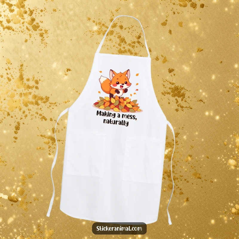 Funny apron illustrating an excited fox jumping into a pile of leaves, adding a touch of woodland humor to kitchen activities.