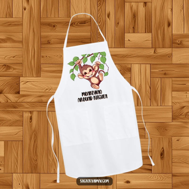 Funny Monkey Swinging Apron showcasing a mischievous monkey character swinging from a vine, perfect for adding humor to kitchen activities.