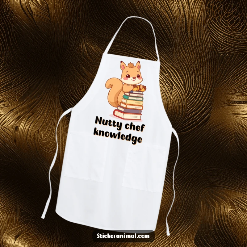 Funny apron showcasing a cute squirrel character balancing a stack of acorns like books, ready to inspire culinary creativity with a smile.