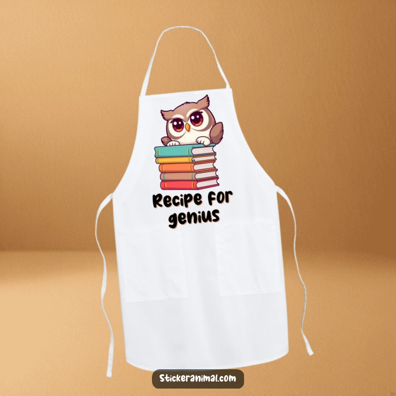 Funny apron shows a curious owl peeking from behind books, adding intellectual humor to cooking.