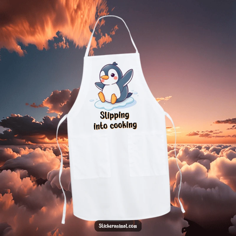 Funny Penguin Slide Apron showcasing a joyful penguin character sliding on ice with a smile, perfect for adding winter humor to kitchen tasks.