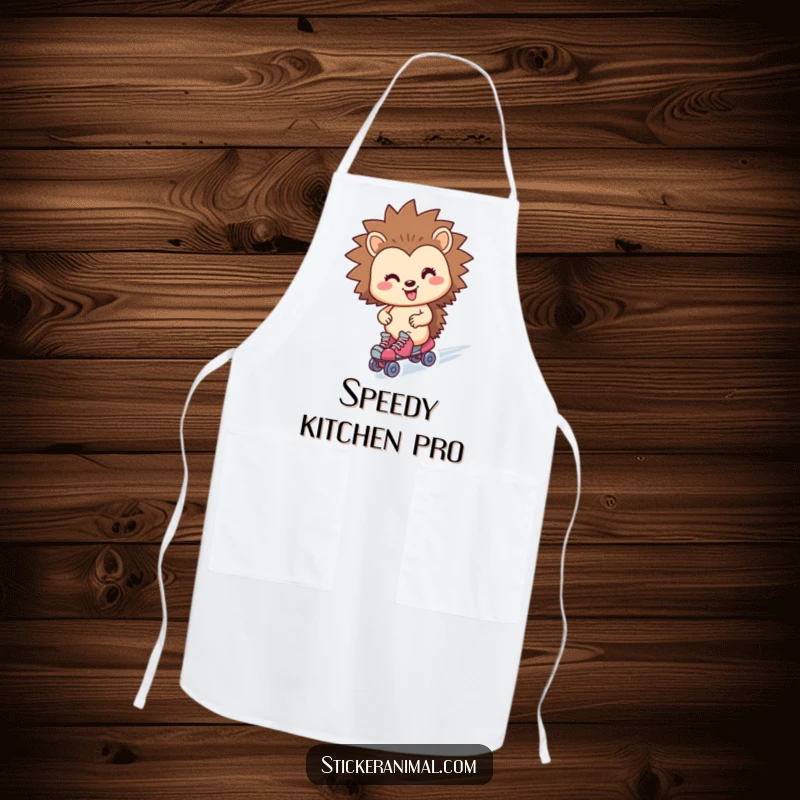 Funny hedgehog character on an apron, wearing roller skates and zipping by during kitchen adventures.