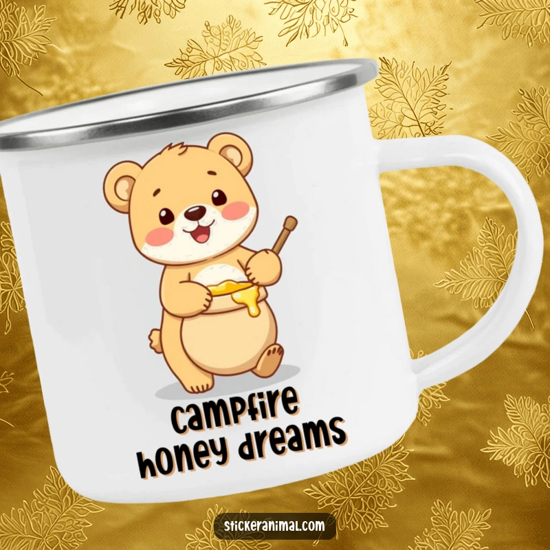 Funny camping mug with a design of a happy bear cub balancing a pot of honey, ideal for outdoor sweetness.