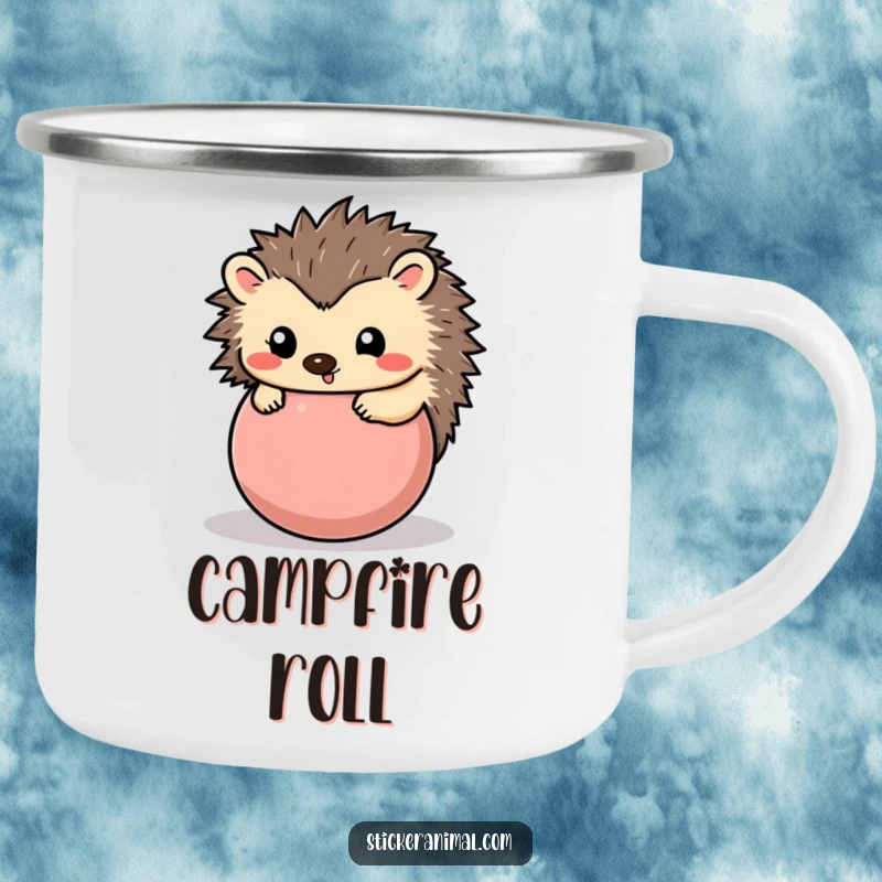 Funny hedgehog camping mug featuring a happy hedgehog rolled into a playful ball, perfect for outdoor beverages and cozy moments.