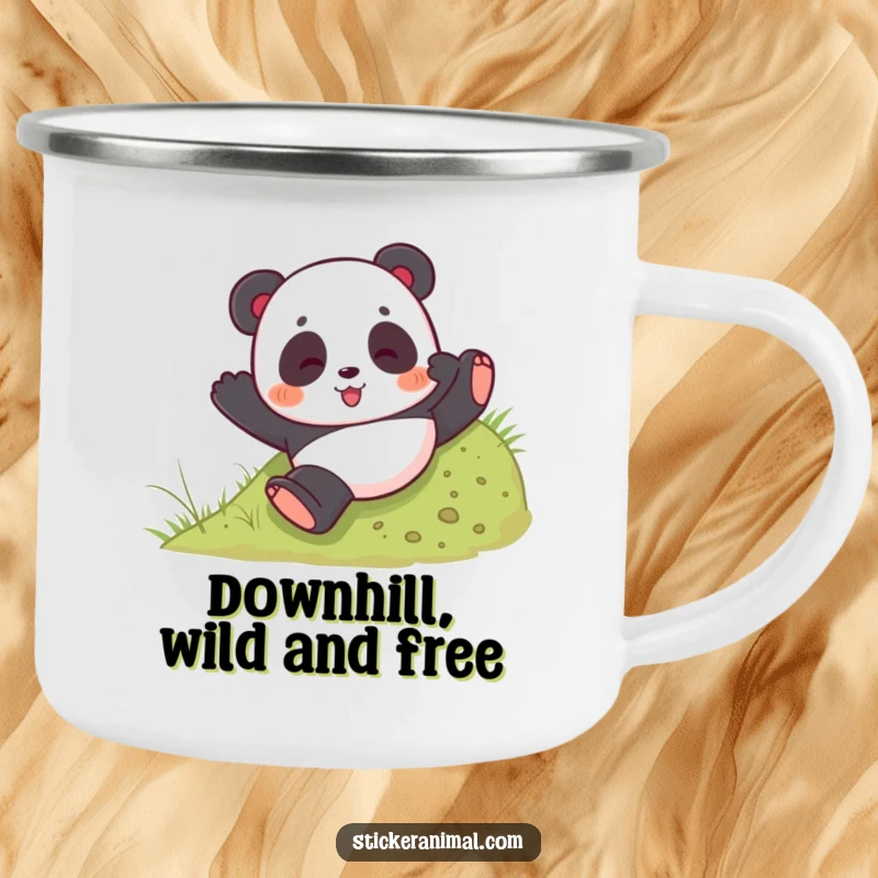 Funny camping mug with a playful panda bear tumbling down a grassy hill, designed for outdoor playfulness.