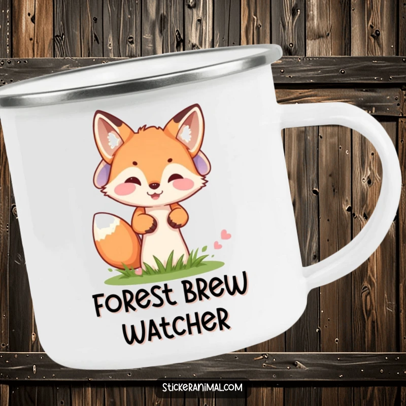 Funny camping mug with a cheerful fox cub peeking from behind a mushroom, perfect for outdoor adventures and humorous drinks.