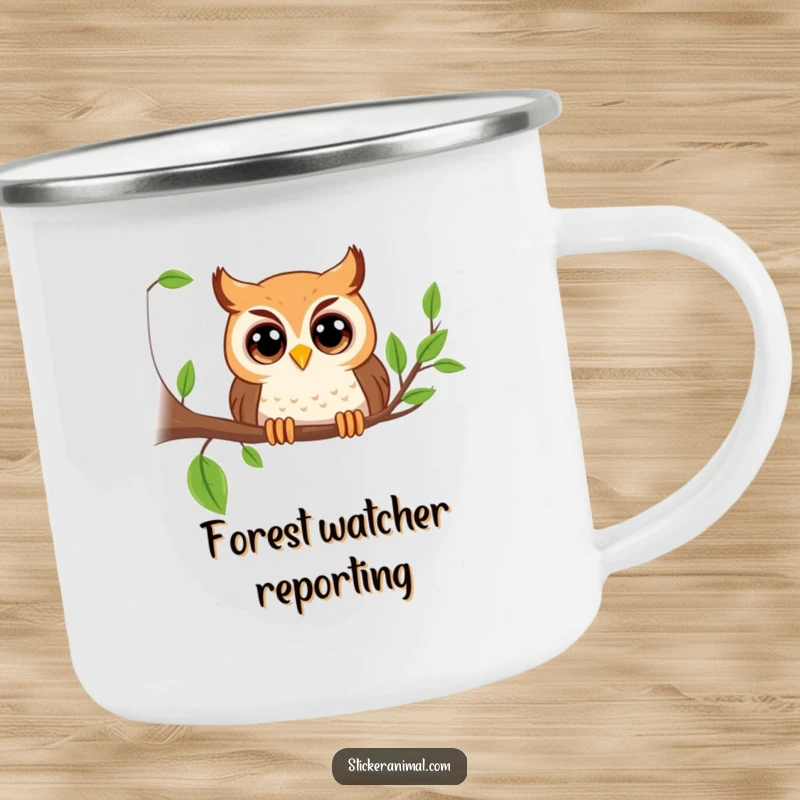 Funny playful owl with big eyes peeking from a branch on a camping mug, durable and ready for outdoor adventures, an excellent funny gift.