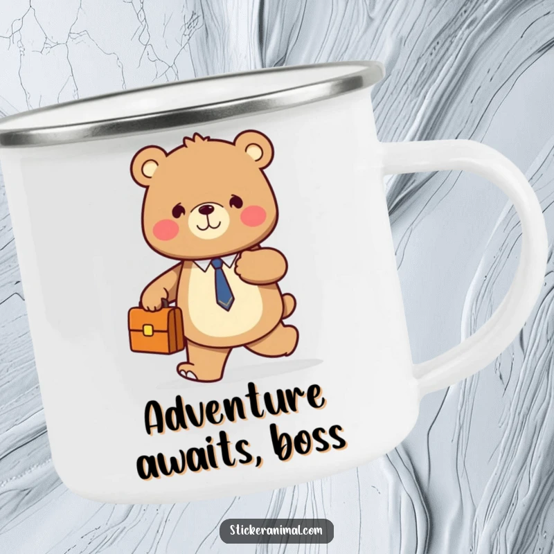 Funny camping mug with a smiling bear holding a briefcase, confidently walking forward, perfect for outdoor enthusiasts.