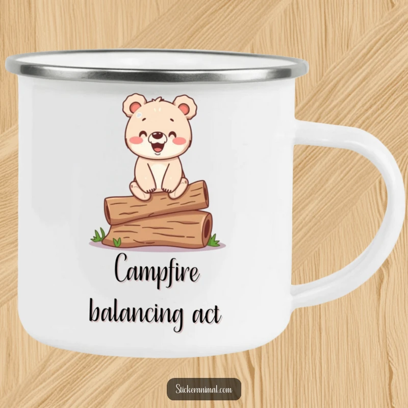 Funny camping mug with a happy bear cub balancing on a log, perfect for outdoor adventures and humorous drinks.