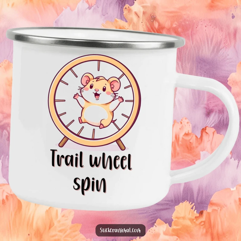 Funny camping mug with a happy hamster character running inside a giant spinning wheel, bringing energetic fun to outdoor sips.