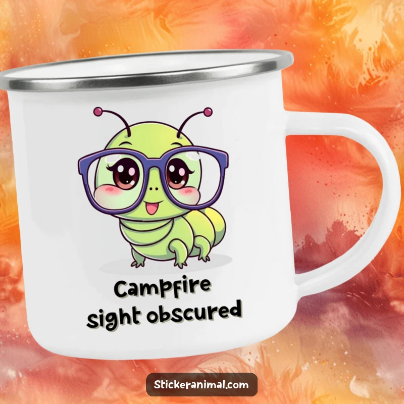 Funny camping mug shows a wriggling caterpillar character hilariously wearing oversized glasses, perfect for outdoor use.