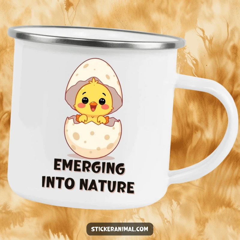 Funny camping mug with a surprised chick hatching from a giant speckled egg with delight, designed for outdoor joy.