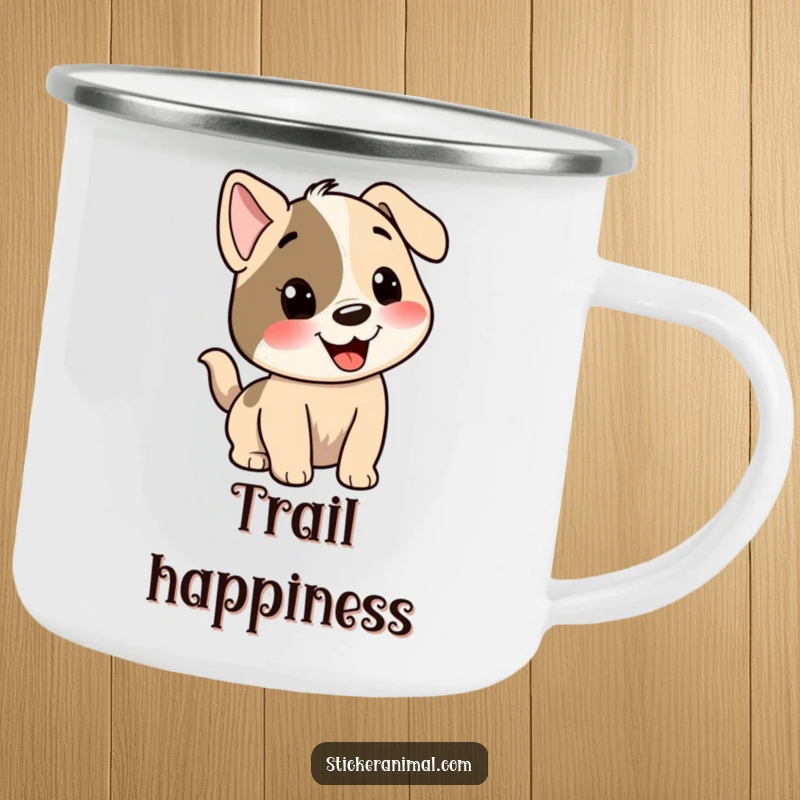 Funny camping mug with a smiling dog character whose tail is wagging enthusiastically, bringing joy to outdoor sips.