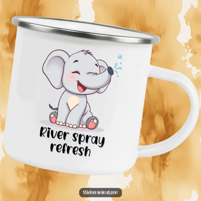 Funny Camping Mug: A giggling elephant calf joyfully spraying water from its trunk, designed for cheerful outdoor moments.