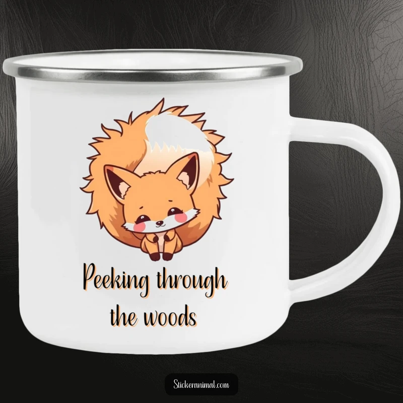 Funny Fox Peek Camping Mug with a cheeky fox character peeking from behind its bushy tail, designed for durable, humorous outdoor enjoyment.
