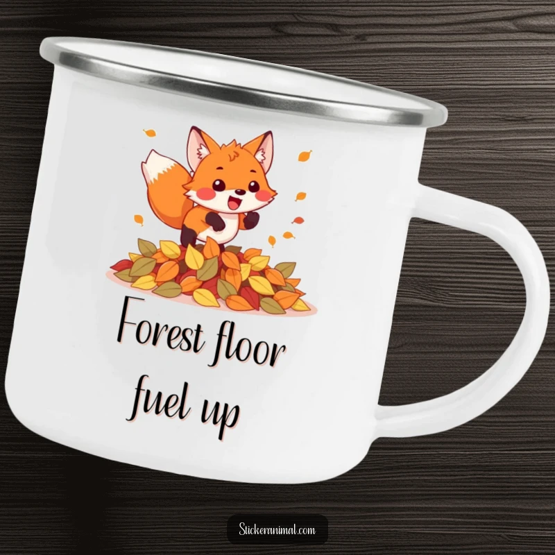 Funny camping mug with a design of an excited fox leaping into a pile of autumn leaves, perfect for outdoor enthusiasts.