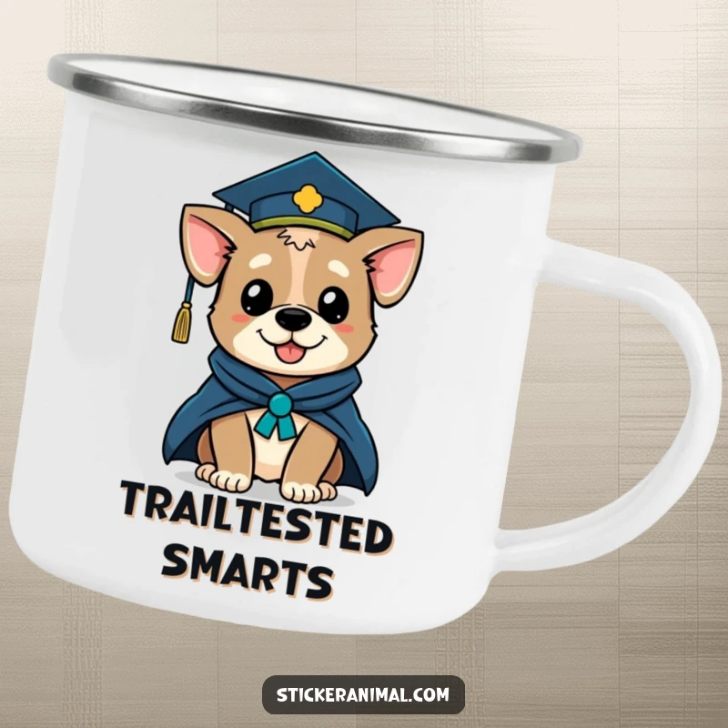 Funny camping mug featuring a winking dog character in a graduation cap and academic robe, celebrating success during outdoor excursions.