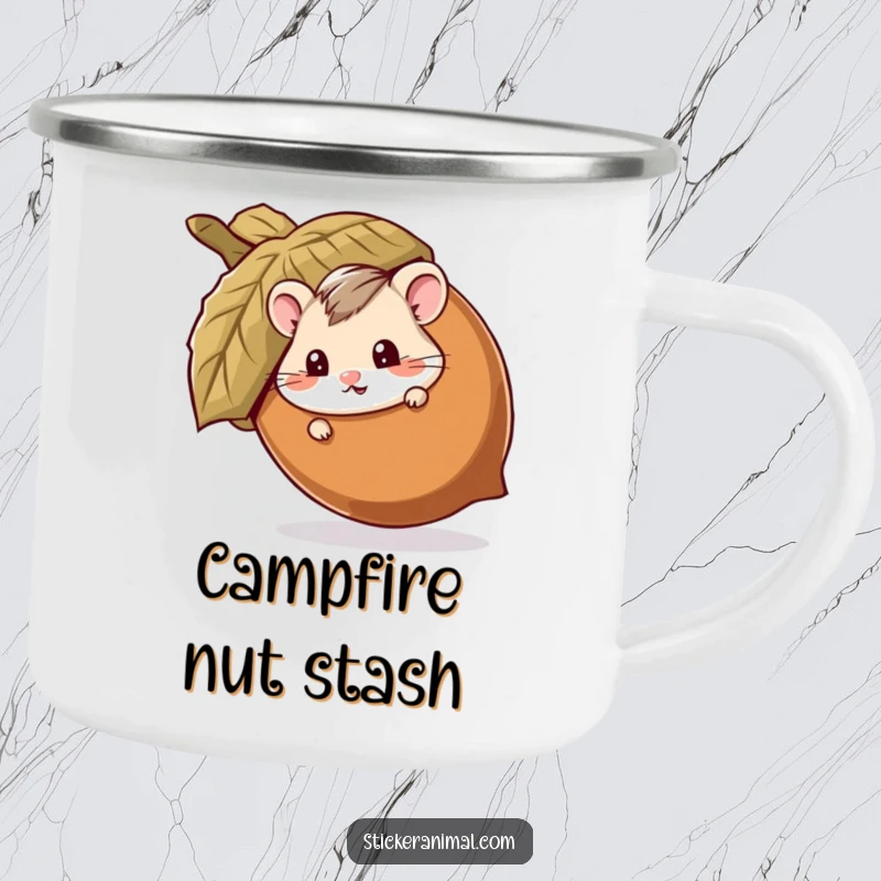 Funny camping mug with a mischievous hamster peeking out from behind a giant acorn, ideal for enjoying drinks during playful outdoor adventures.