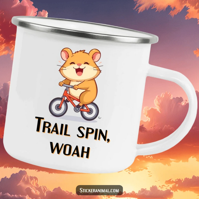 Funny camping mug shows a grinning hamster character spinning rapidly on a tiny bicycle, perfect for outdoor use.