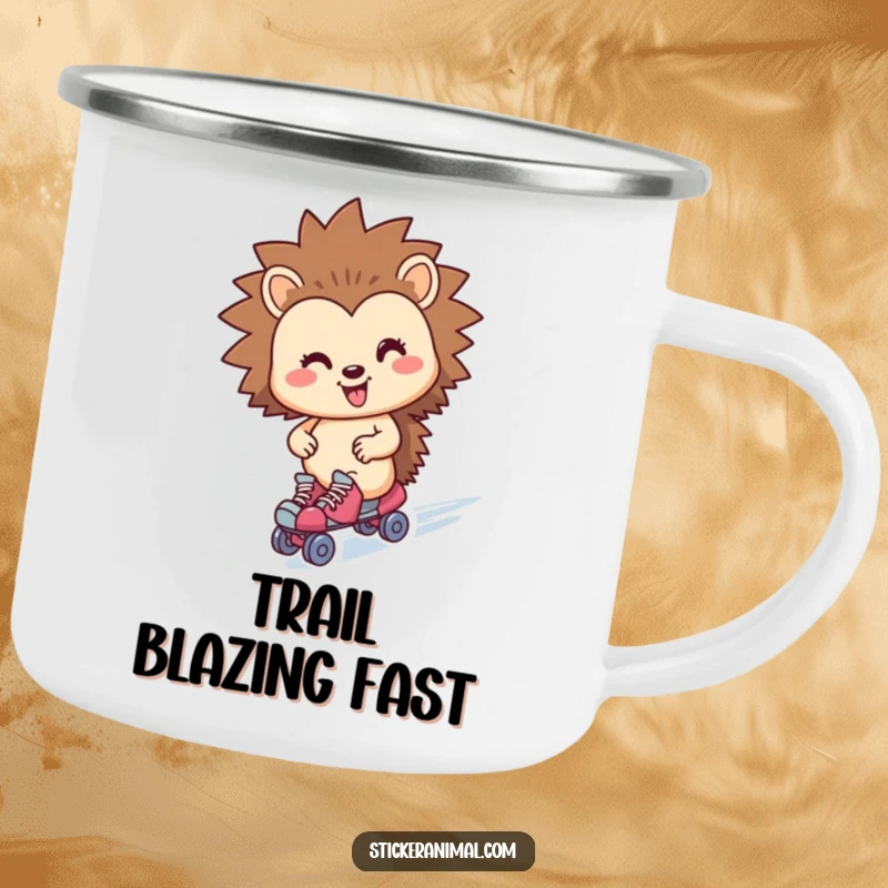 Funny hedgehog character on a camping mug, wearing roller skates and zipping by on an outdoor adventure.