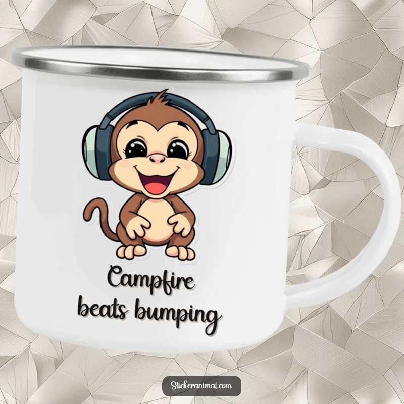 Funny camping mug featuring a playful monkey character with oversized headphones, bopping its head to outdoor tunes.