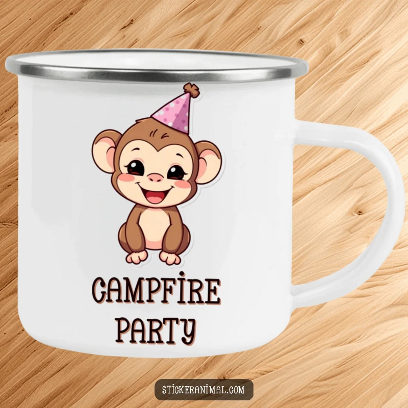 Funny monkey wearing a party hat, holding a camping mug, ready for an outdoor celebration.