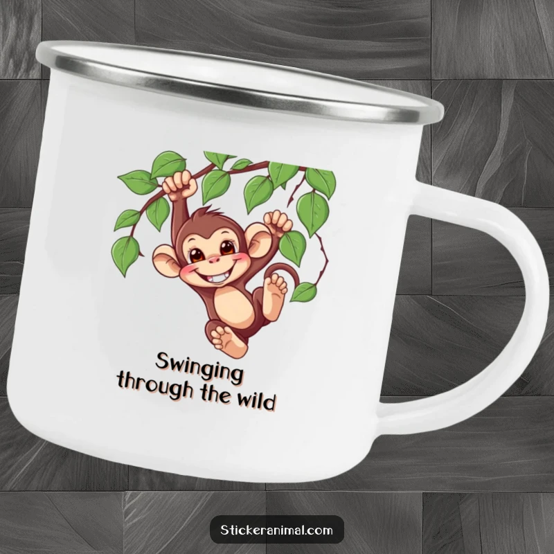 Funny Monkey Swinging Camping Mug depicting a mischievous monkey character swinging from a vine with a grin, built for outdoor fun.