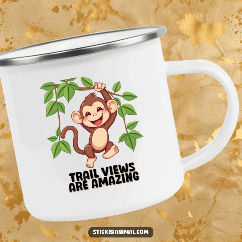 Funny camping mug showing a joyful monkey swinging from a vine, emitting infectious giggles, perfect for adding humor to camping.