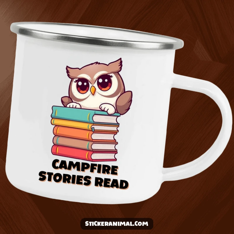 Funny camping mug shows a curious owl peeking from behind books, perfect for outdoor enthusiasts.