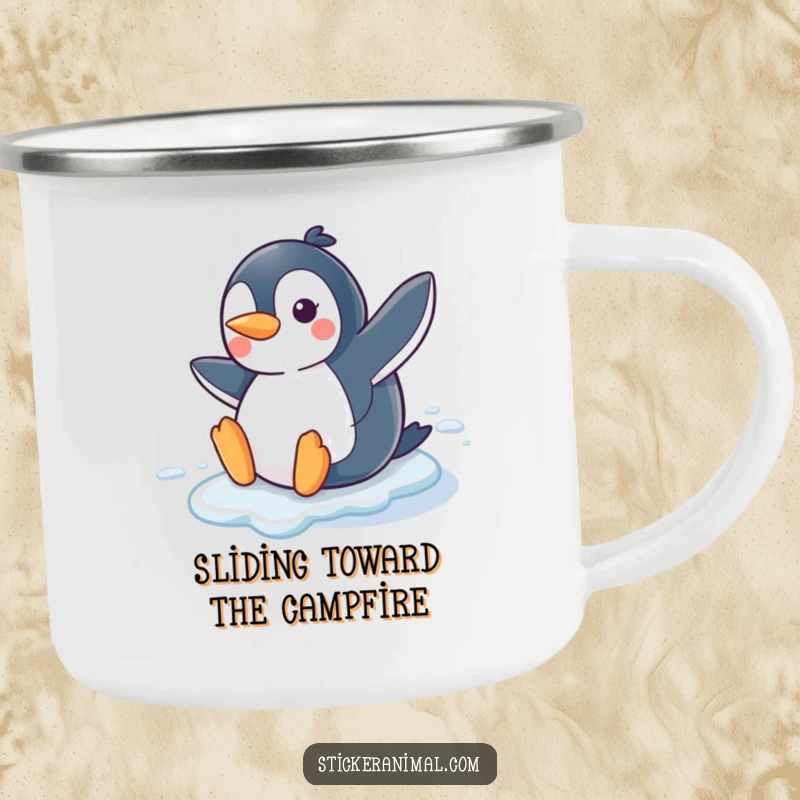 Funny Penguin Slide Camping Mug with a joyful penguin character sliding on ice, designed for durable, humorous outdoor winter enjoyment.