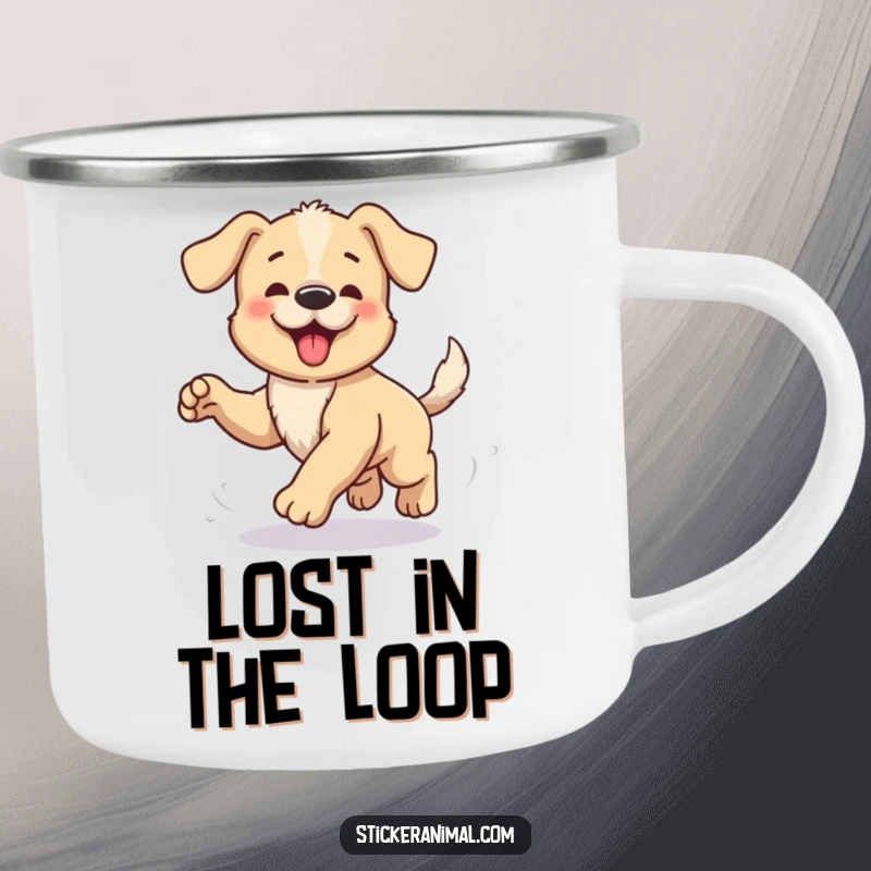 Funny camping mug showing a happy puppy playfully spinning, chasing its tail, perfect for adding humor to any outdoor adventure.