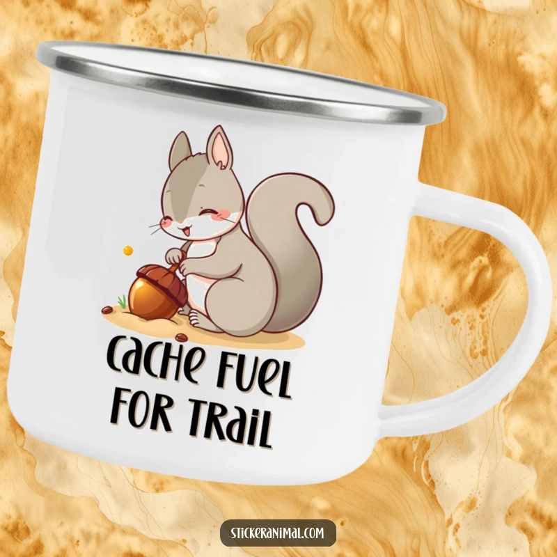 Funny camping mug with a design of a mischievous squirrel burying an acorn, perfect for outdoor enthusiasts with a sly sense of humor.