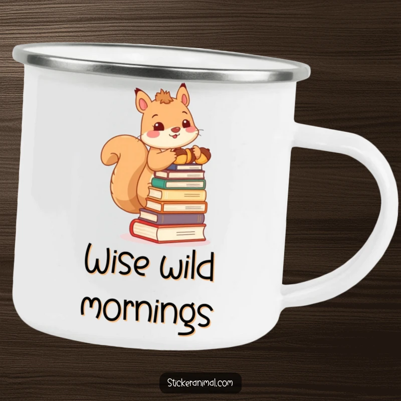 Funny camping mug featuring a cute squirrel character balancing a stack of acorns like books, ideal for outdoor adventures and reading.